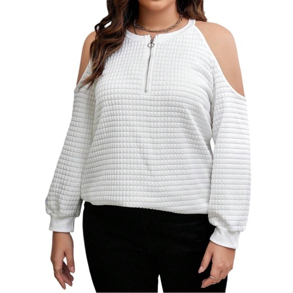 Plus Size Half Zip V-Neck White Cold Shoulder Waffle Knit Sweater Sweatshirt - Picture 6 of 11